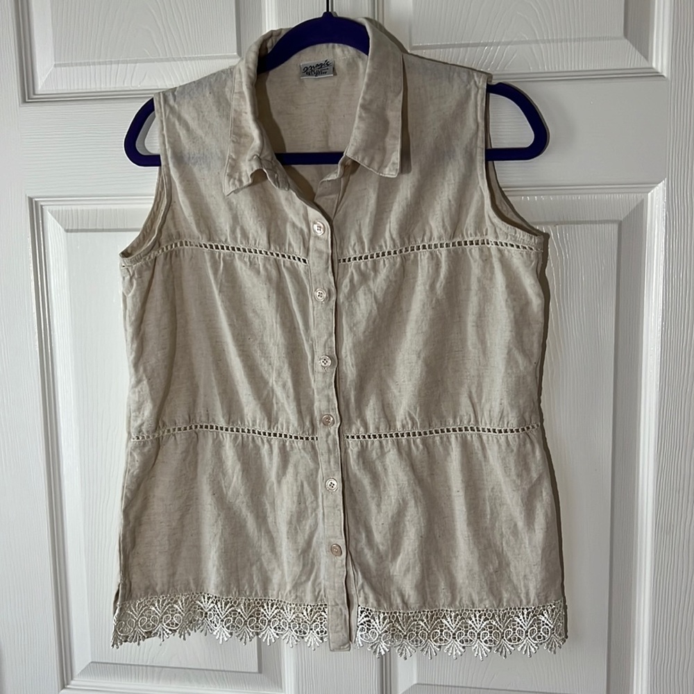 Vintage Magic Sleeveless Tan/Cream Linen Cotton Button Down‎ Lace Detail, Sz L